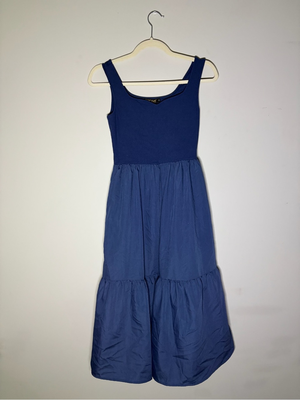 Fancyinn Two-Tone Blue Sleeveless Tiered Maxi Dress